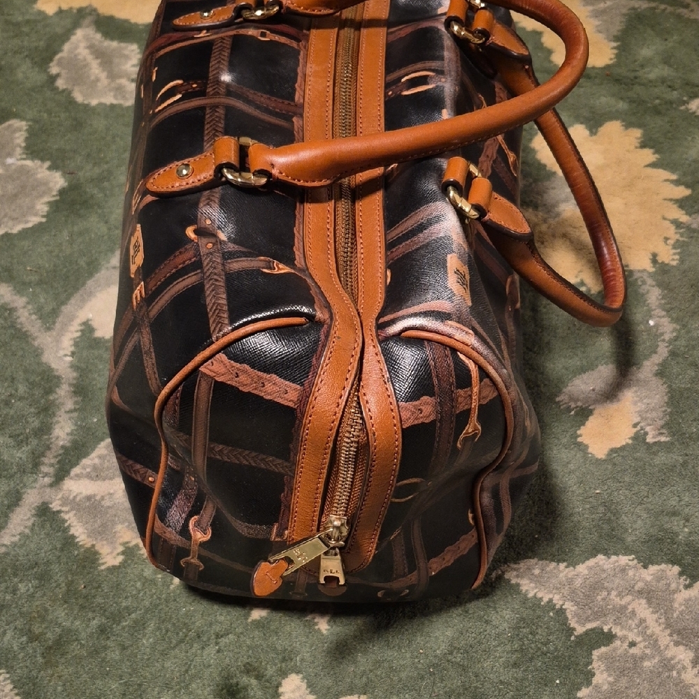 Ralph Lauren Black & Brown Patterned Leather-Trim Hobo Bag - Picture 2 of 16